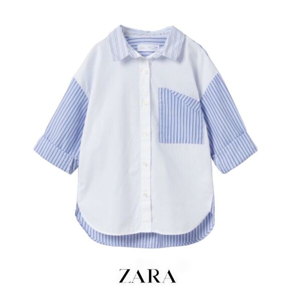 ZARA Kids | White & Blue | COMBINATION POPLIN SHIRT - Picture 2 of 6